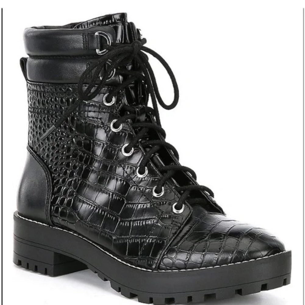 Gianni Bini Besteen crocodile-embossed leather lace-up zipper combat boots Sz 7M